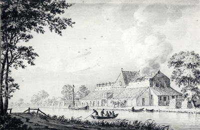 107556 Gezicht op de in brand staande steenoven Vecht en Rhijn aan de Vecht bij Breukelen.